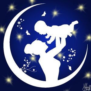 Silhouette of woman swinging baby in the air