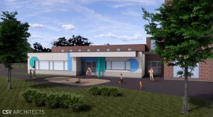 Architect drawing of outside view of toddler room expansion at Youville Centre