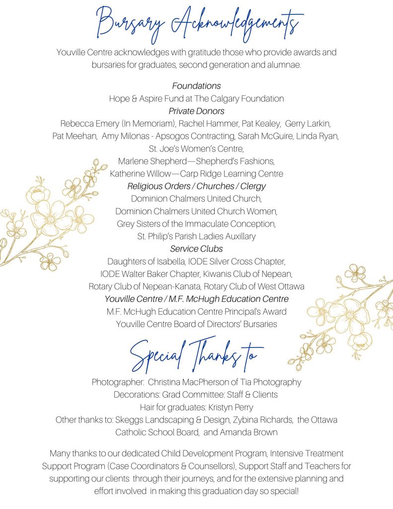 Back Cover of Youville Centre graduation program with Bursaries and Thank you's listed