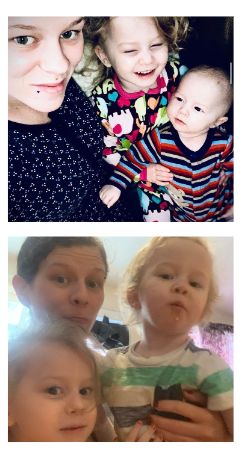 2 stacked photos of Youville Centre client Chelsea with her 2 children, a boy and a girl