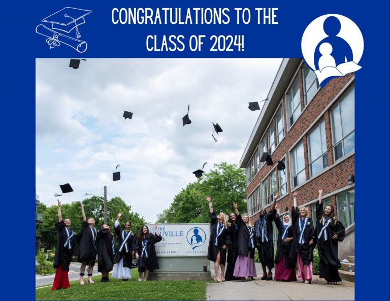 Photo of Youville's Class of 2024 Throwing Grad Caps by outdoor sign
