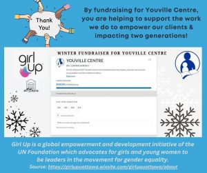 Graphic with screenshot of a Canada Helps Girl Up uOttawa Fundraising campaign page reaching $500 goal