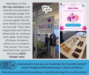 Graphic of information about the 2025 Winter donation campaign by Girl Up uOttawa club with photos of a bake sale