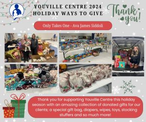 Graphic of a Thank You to Only Takes One Ava Sidoli with photos of her donations at Christmas 2024